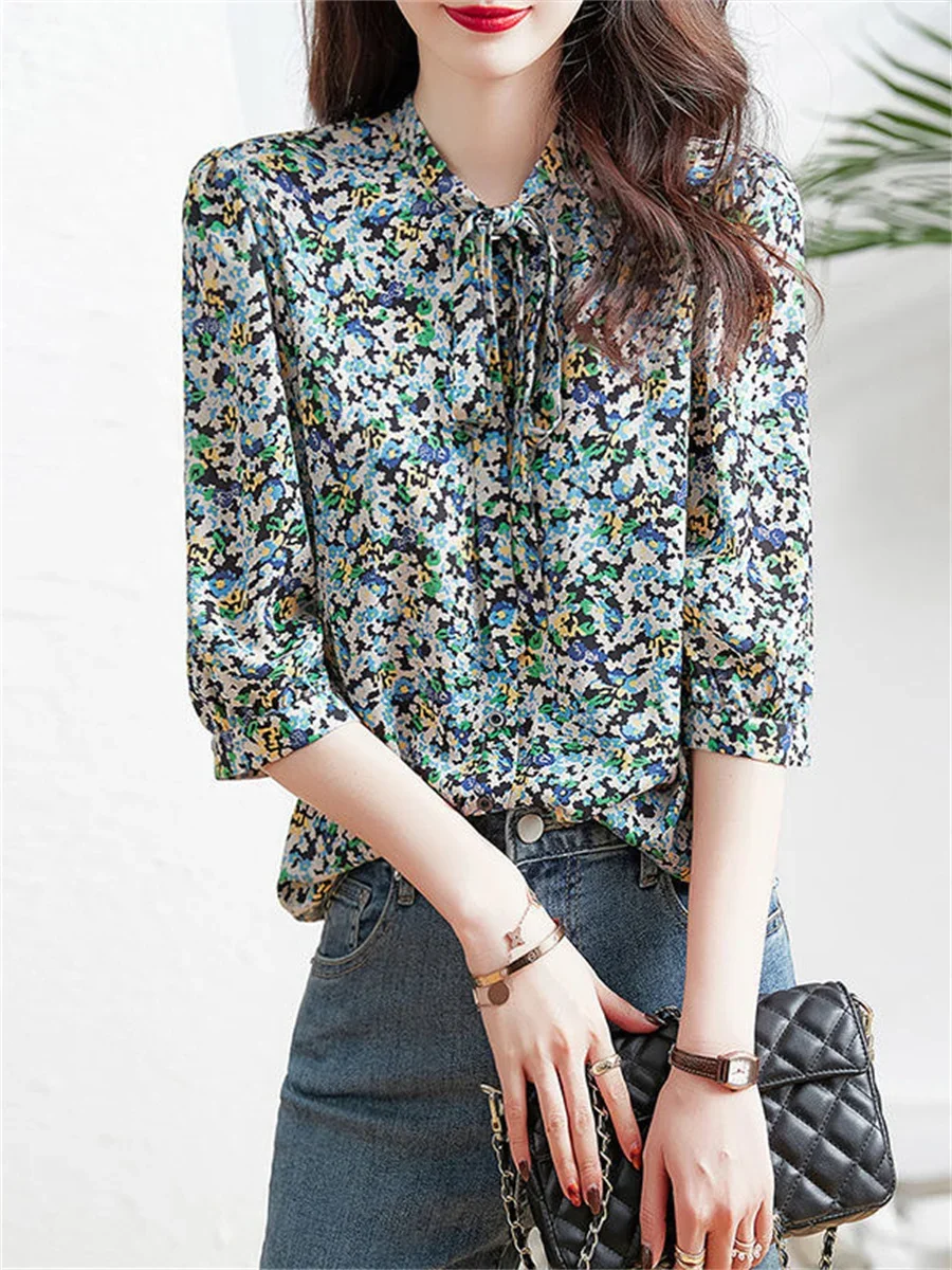 

Woman Spring Summer Style Blouses Tops Lady Casual Half Sleeve Bow Tie Collar Flower Printed Blusas Tops DF4478