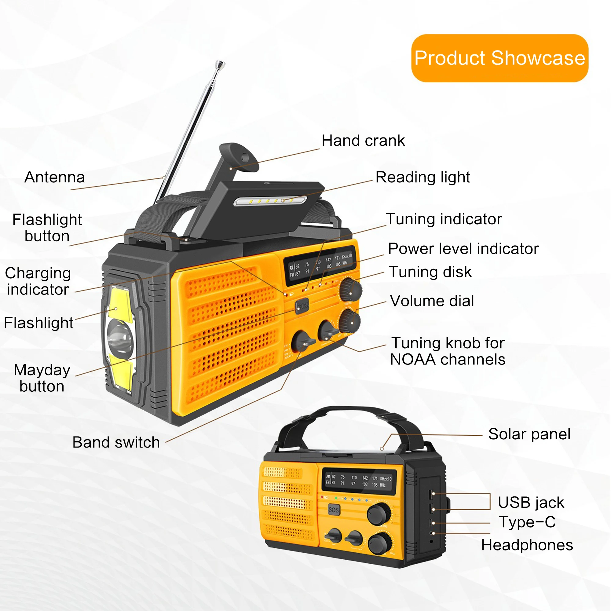 8000mAh Emergency Weather Radio - 3-Mode Flashlight, Solar Charging, Hand Crank, Battery Operated and SOS Alarm for Emergency