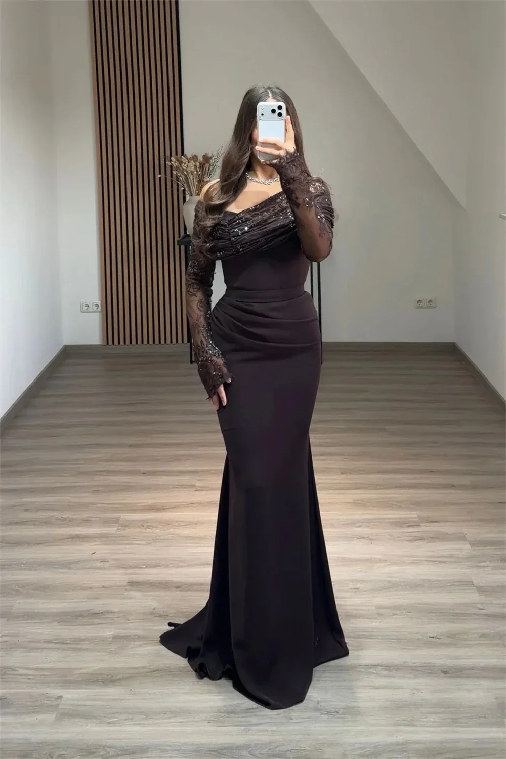 

Customized Chocolate Brown Mermaid Evening Dress Lace Off the Shoulder Long Sleeve vestidos de noiva Ruched Back Prom Dress