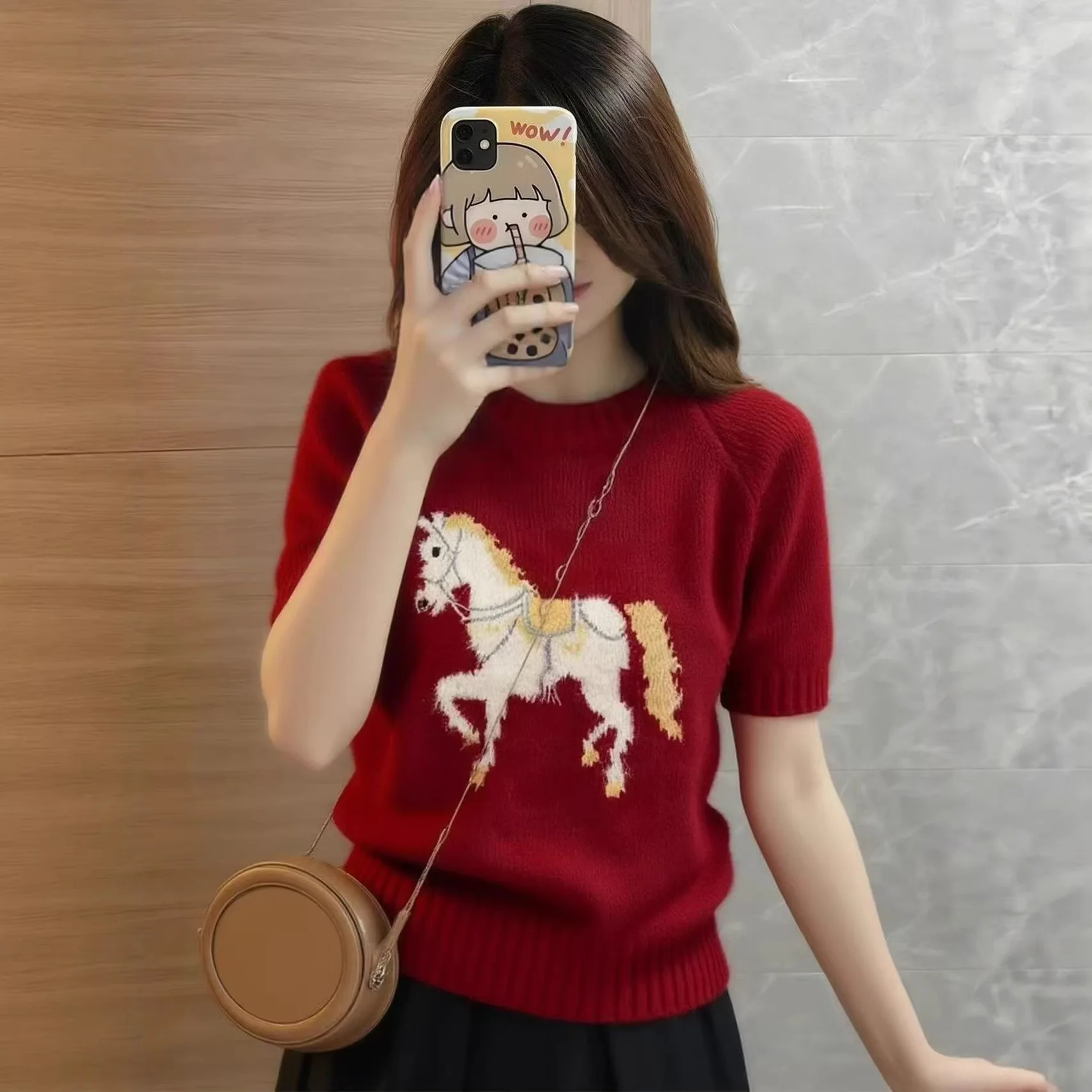 

Red Pattern Knitted Top Short Sleeve Women's Beautiful Inner Wear Base Layer Polyester Fiber Knitted Pullover
