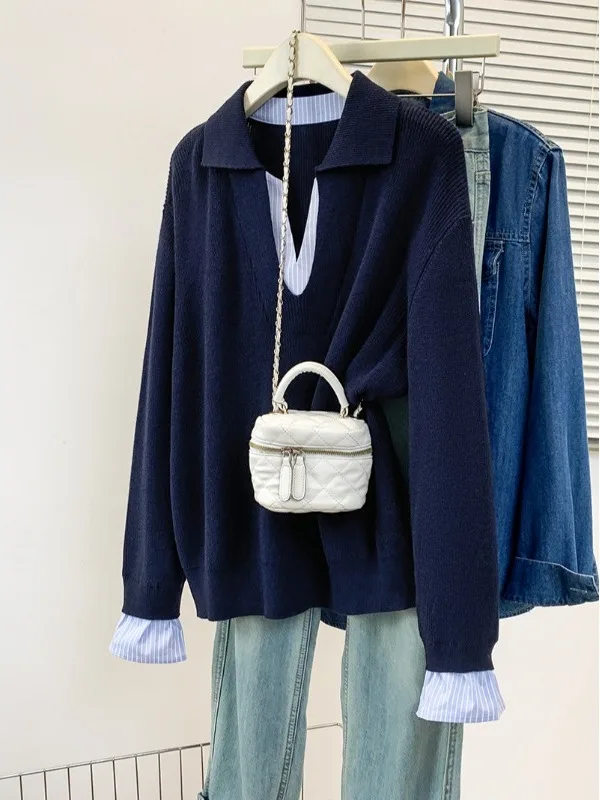 

plus Size Women's Fashion Slimming Loose Color Block Knitwear Casual Top Cover Belly Hide Meat Autumn Long Sleeve Half Open C...