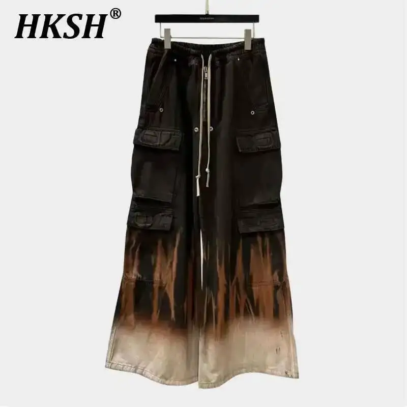 

HKSH Dark RO Men Safari Style Denim Pants Spring New High Street Trend Tie Dyed Wide Leg Fashion Punk Jeans Chic Vintage HK3973