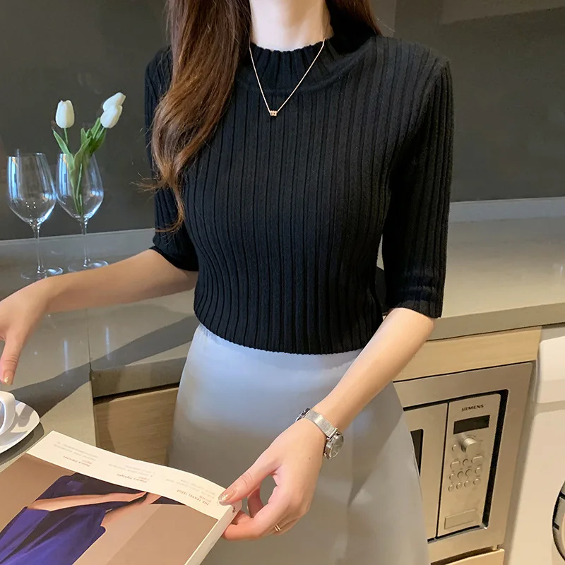 Spring and Summer Women's Pullover Half High Neck Solid Screw Thread Half Sleeve Slim Fit Sweater Knit Fashion Elegant Tops