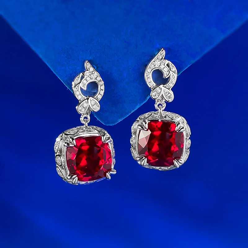 

New S925 silver 10 * 10 red diamond fat square earrings for women, light luxury retro design, live broadcast cross-border