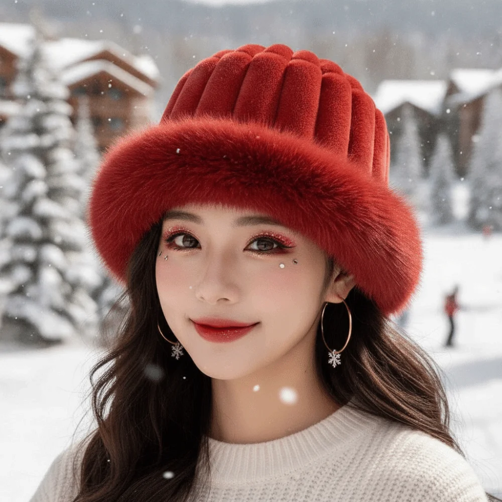 Vertical Texture Striped Fur Hat Faux Fur Brim Fleece Lining Puffy Bucket Cap Windproof Solid Color Plush Trapper Hats Commuting