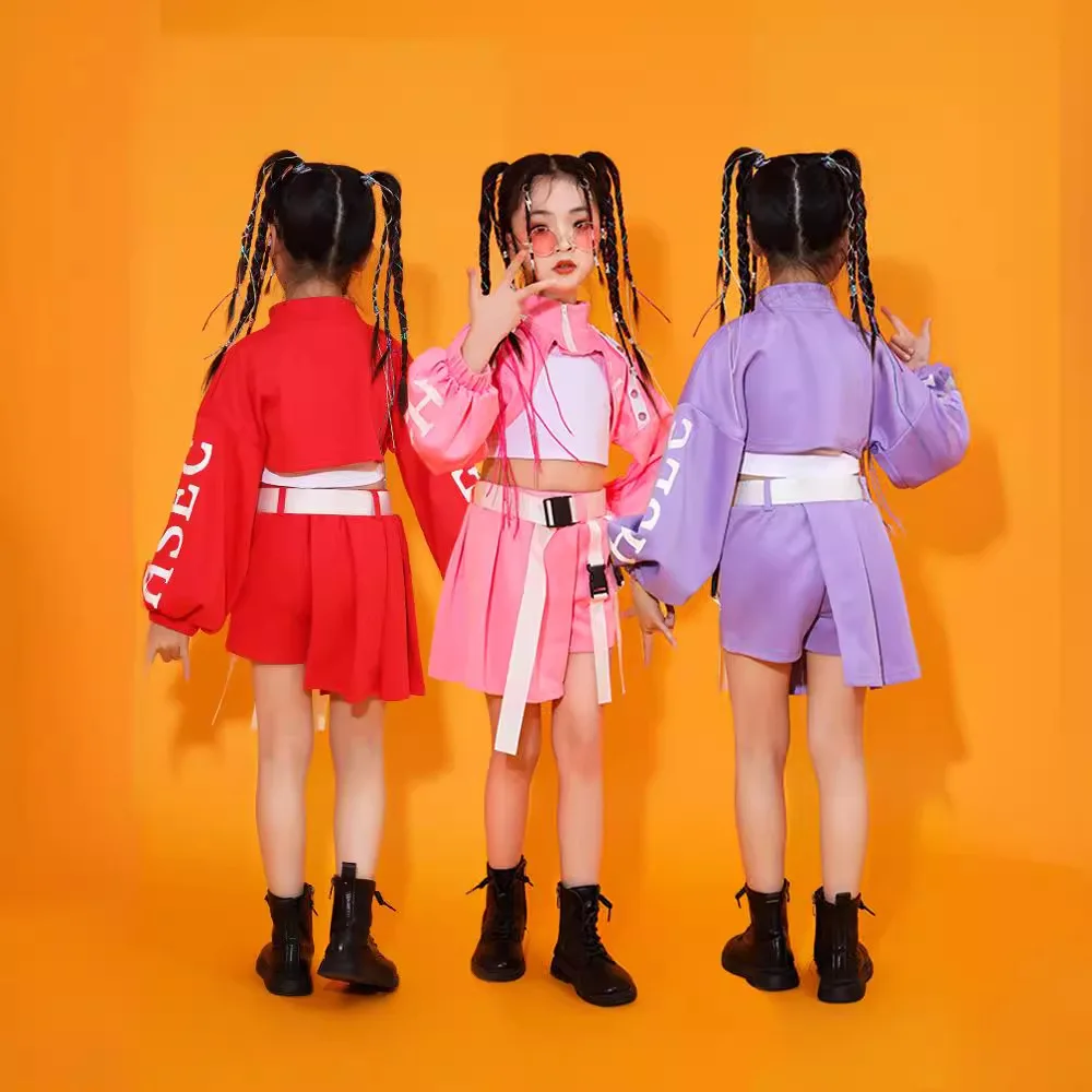 Strój do tańca jazzowego dla dziewczynki, kostium do tańca hip-hopowego, jazzowego, kpop dla dzieci, różowy strój, zestawy ubrań streetwear