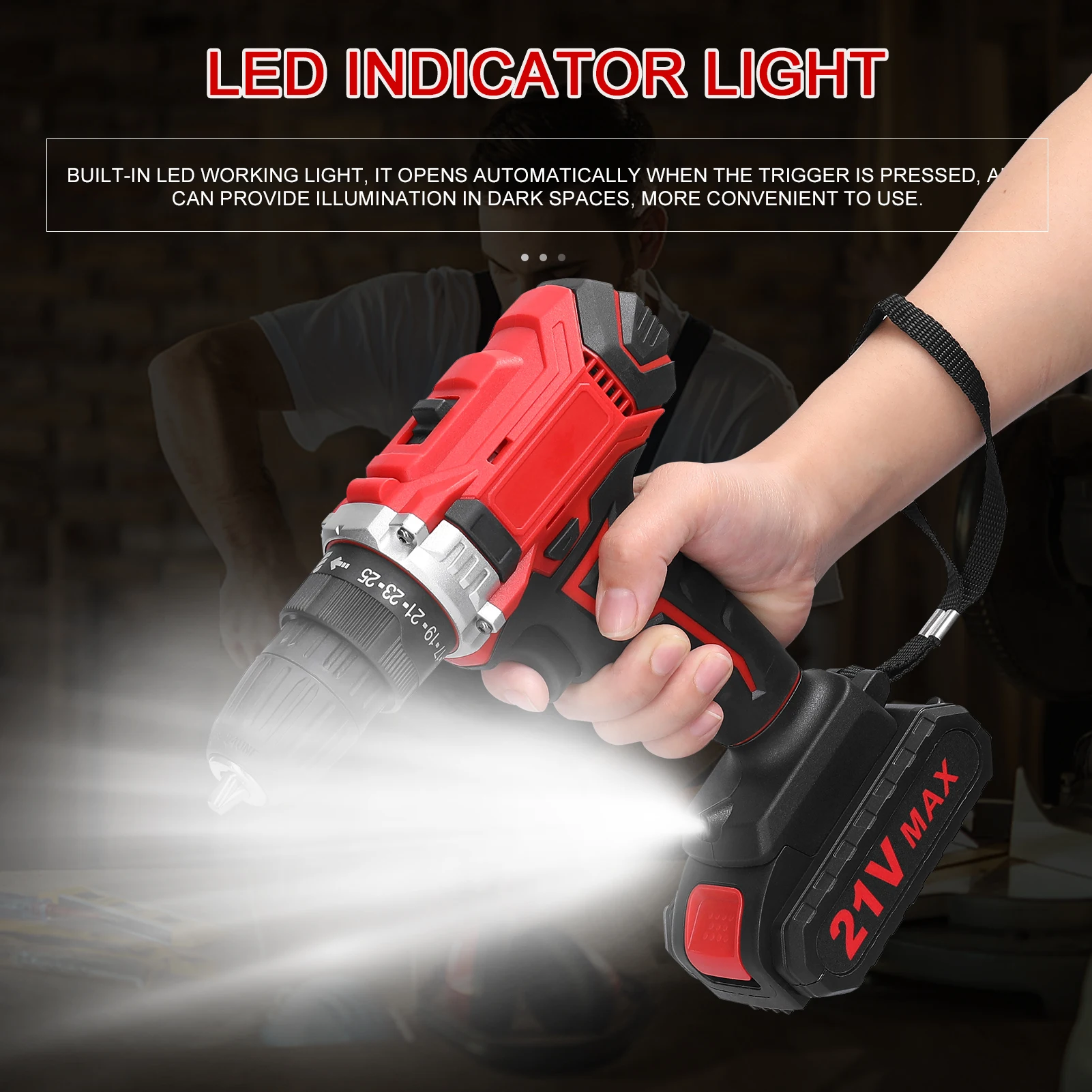 

21V Electric Drill 2 Speeds Control Stepless Speed Regulation Rotation Ways Adjustment 25 Gears of Torques Adjustable Drill