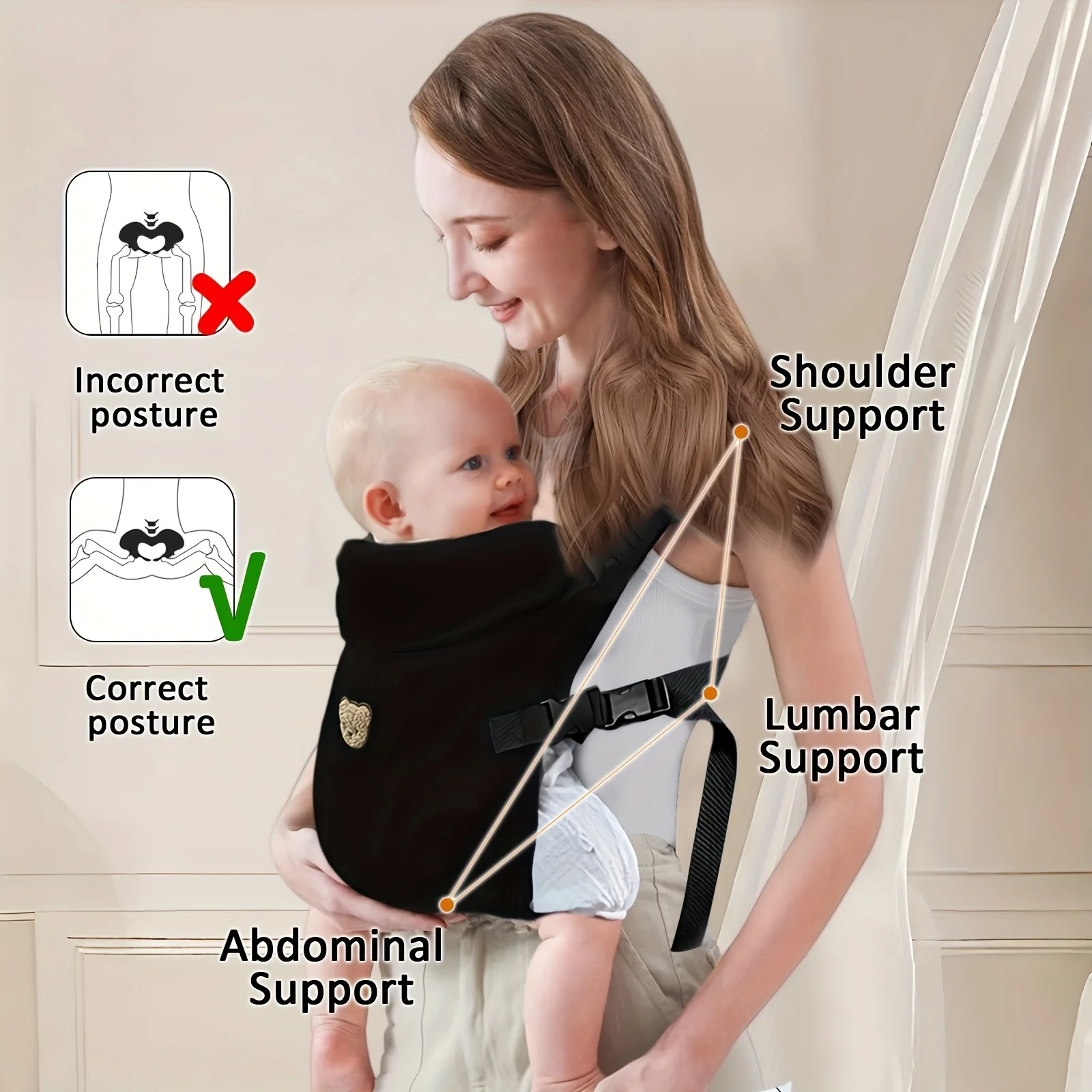 

4-in-1 Baby Carrier, Adjustable Buckles Secure, Non-slip X-shaped Shoulder Straps, Lightweight & Breathable, Caesarean-friendly