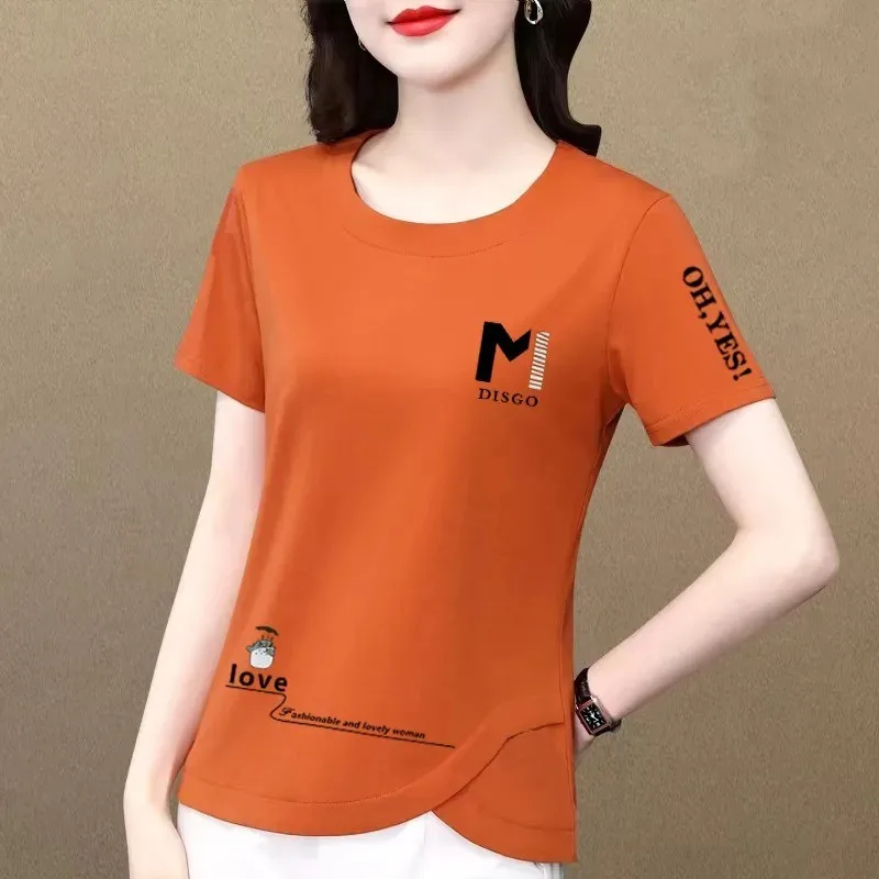 2023 New Summer Women\'s Clothing T-shirts Pure Cotton Solid Color Printing Short Sleeve Loose Slim Versatile Round Neck Tops