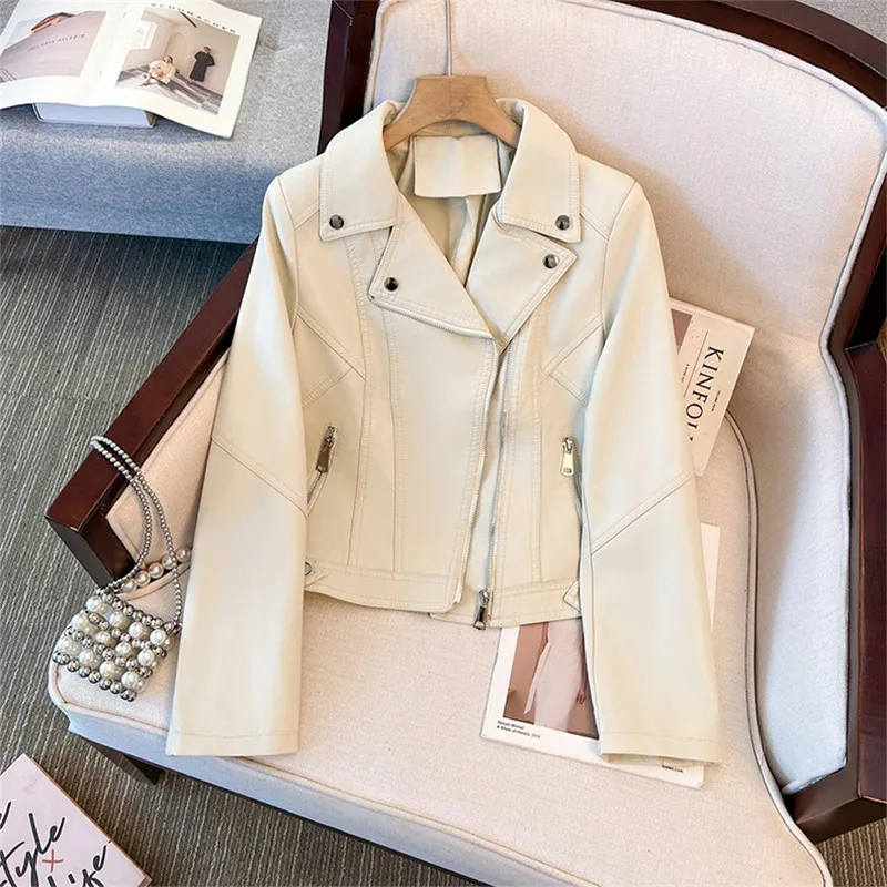 Spring Autumn Coffee Color Beige Black Slim Short Faux Pu Leather Jacket Lapel Zipper Long Sleeve Women Biker Jacket Streetwear