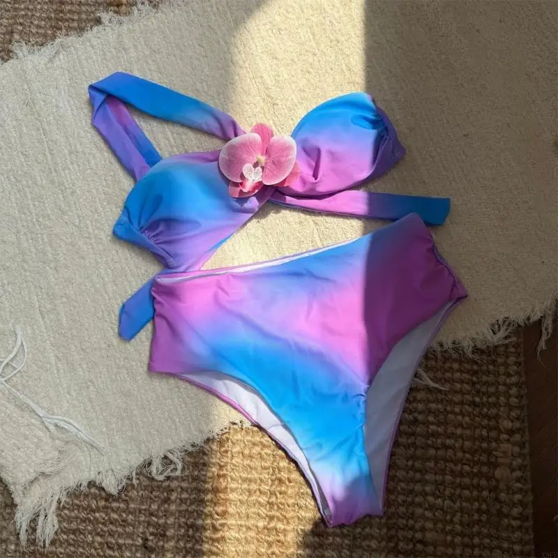 x9ff二枚のピース水着セットハイウエストスプリットタンキニグラディエントフラワーデザインコンフォートウェアビーチプールパーティー衣装