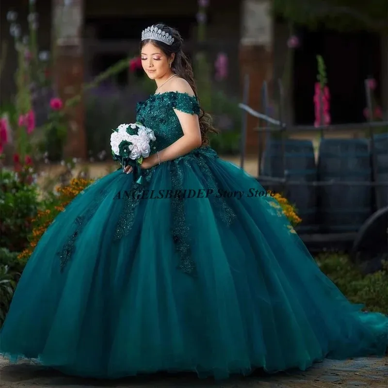 ANGELSBRIDEP Emerald Green Mexico Quinceanera Dresses Floral Appliques Lace Corset For Sweet 15 Years old Girls Party Customized