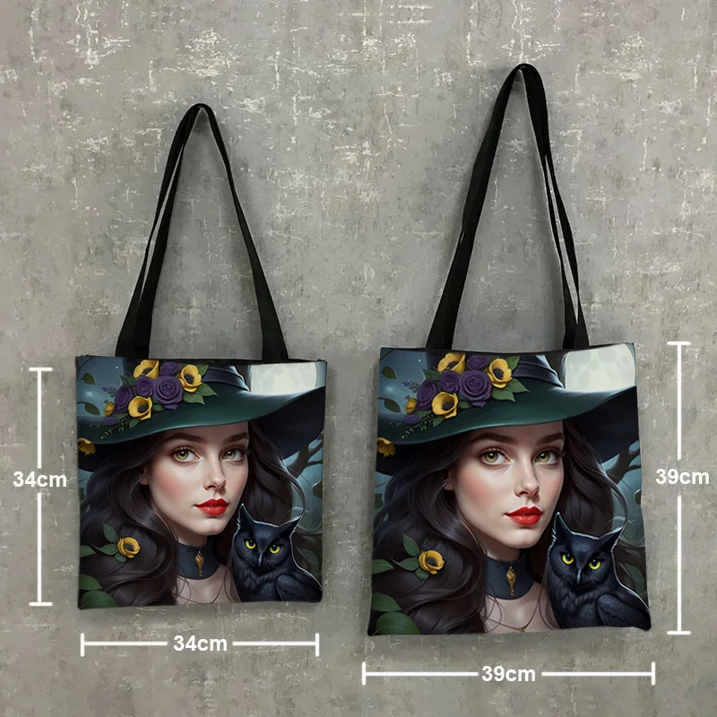 Fantasy Witch Girl Print Shoulder Bag Witchcraft Owl Black Cat Tote Bags Eco Handbag Large Capacity Storage Bag Shopping Bags