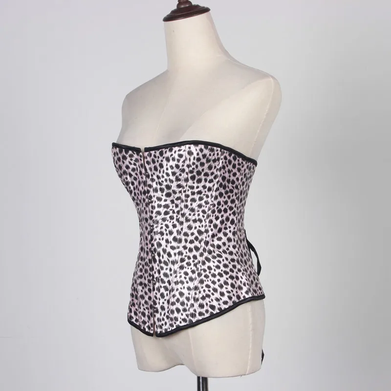 Sexy Satin Overbust corsetto Top Leopard Print Lace Up corsetto Lingerie per le donne vita dimagrante Bodyshaper Bustier abbigliamento gotico