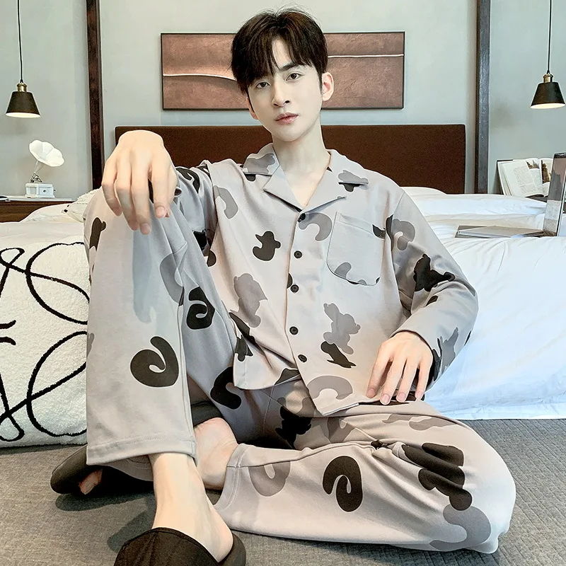 Autumn Mens Cotton Pijamas Set Korean Fashion Nightwear Cardigan Home Clothes Youth Boy Nightwear Hombre pyjama homme Freeship