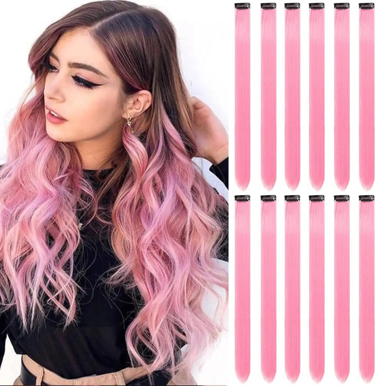 Straight Teal Blue Colored Highlights Synthetic Clip‑in Hair Extensions Hairpiece For Women, Daily, Party, Festiv Use