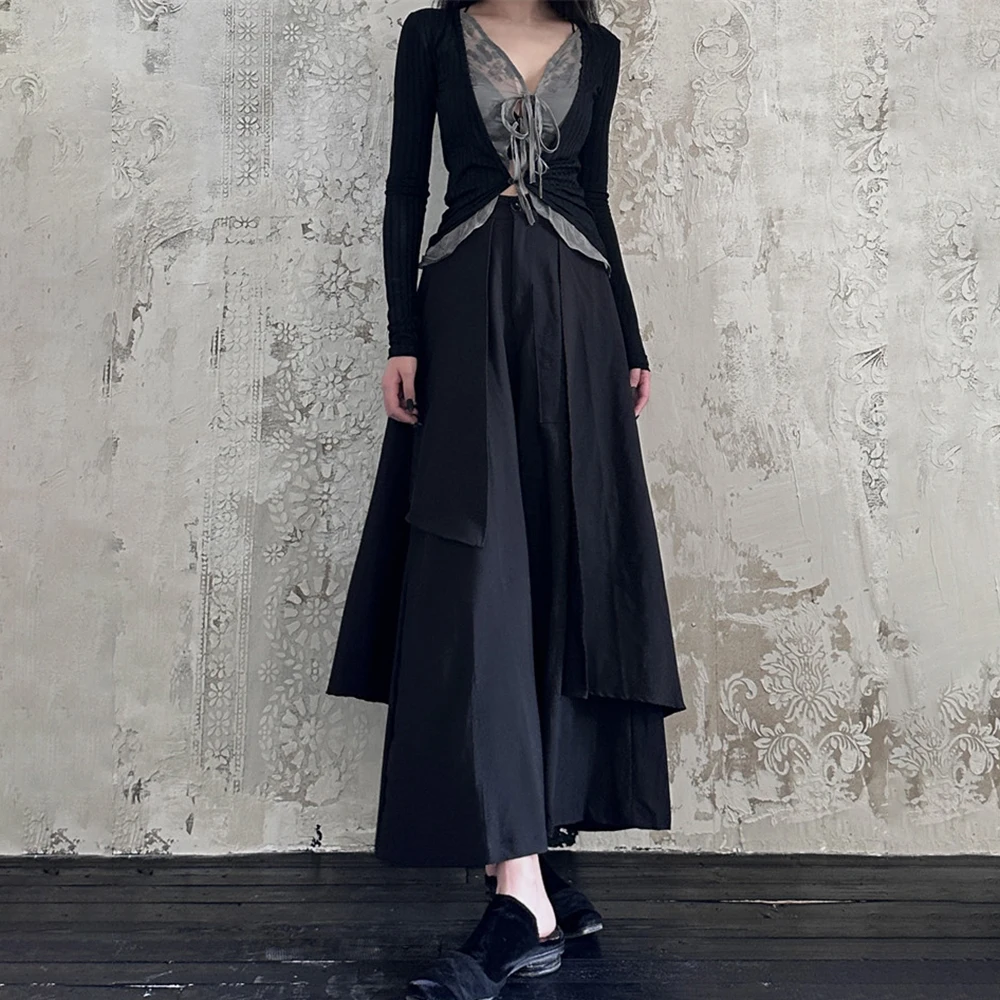Dark Y2k Irregular Fake Two-Piece Culottes Genderless Fashion Trend Elegant Campus Youth Versatile Wide-Leg Pants Unisex 2026