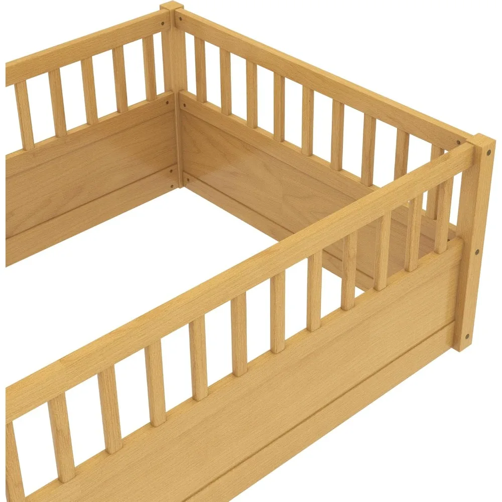 إطار سرير أرضي مزدوج الحجم من Bellemave، 19.6 إطار سرير مونتيسوري خشبي عالي السياج، سرير مزدوج بطابقين منخفض إلى الأرض، لا #6