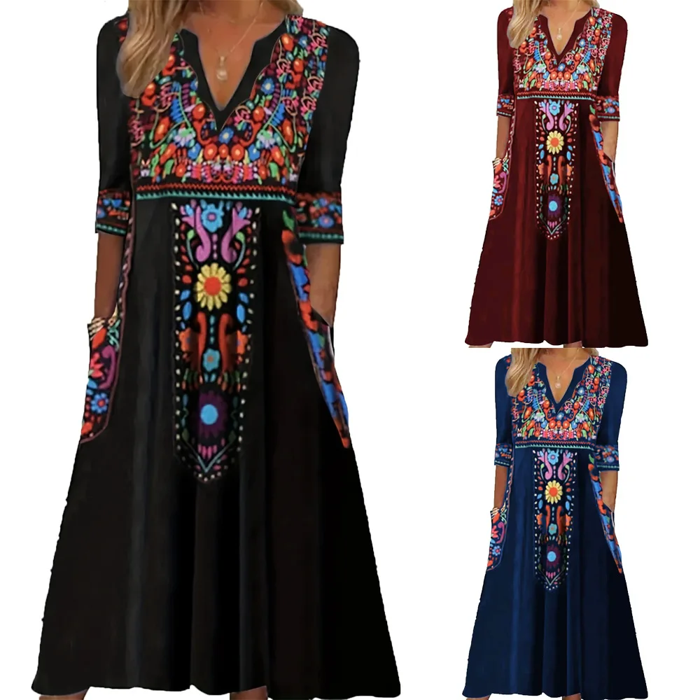 Vintage Dresses For Women 2024 Fall Ladies V-neck Pocket Boho Print Seven-quarter Sleeve Dress Fashion Midi Dress Robe  Femme