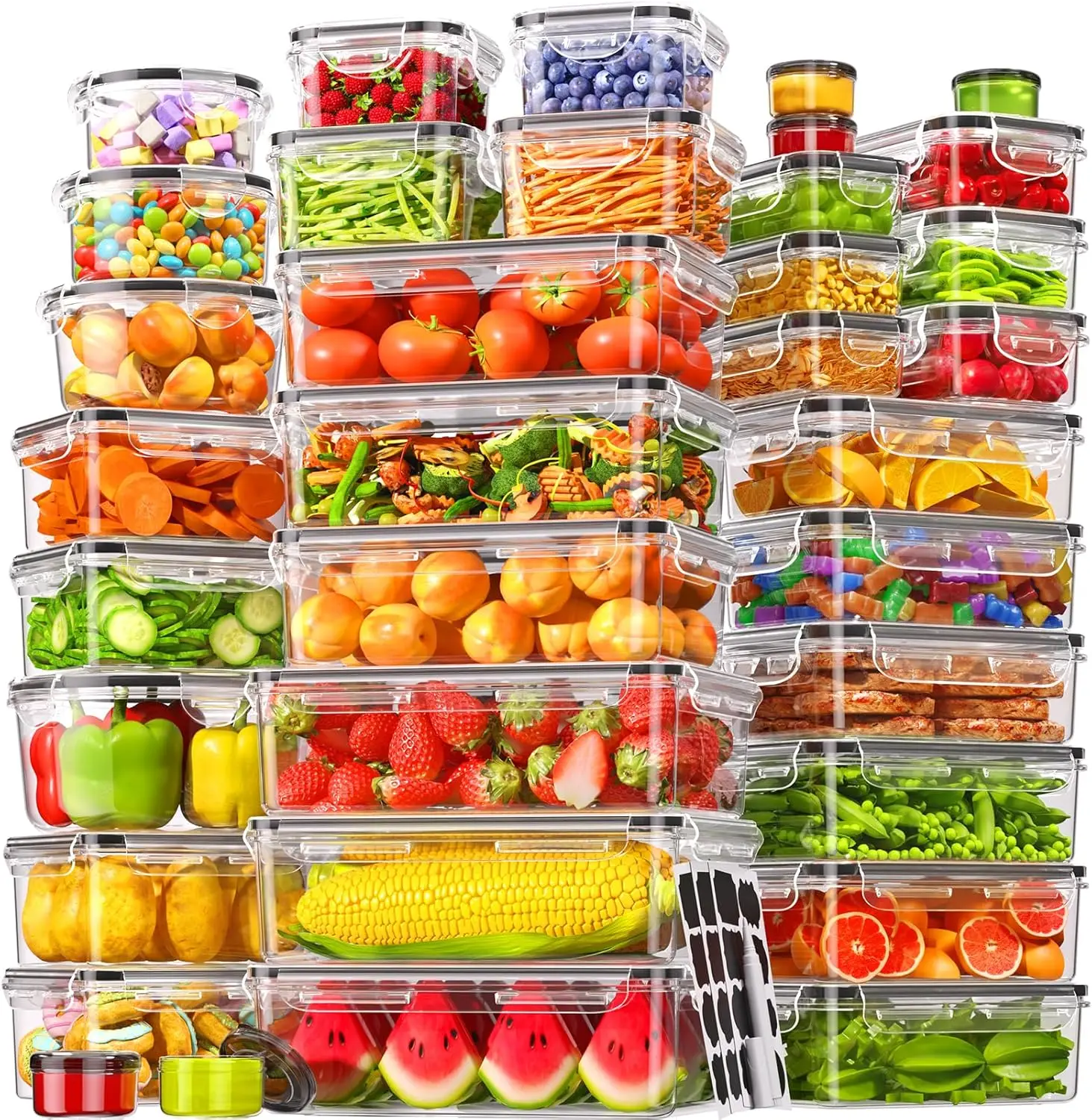 70 Piece Food Storage Containers with Lids Airtight Leak Proof Meal Prep Set for Kitchen, Microwave Dishwasher Safe, Labels &