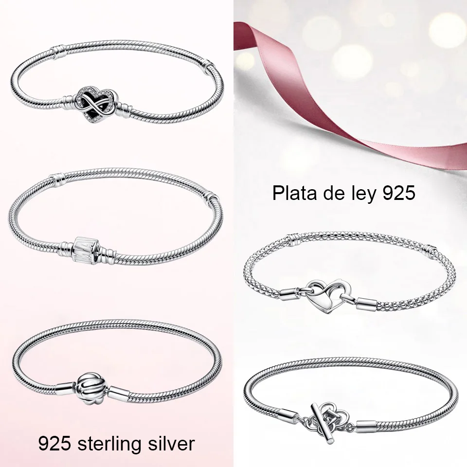 

CHARMING Jewelry 925 Sterling SilverSparkling Infinity Heart Clasp Snake Chain Bracelet Moments Studded Chain Bracelet for Womem