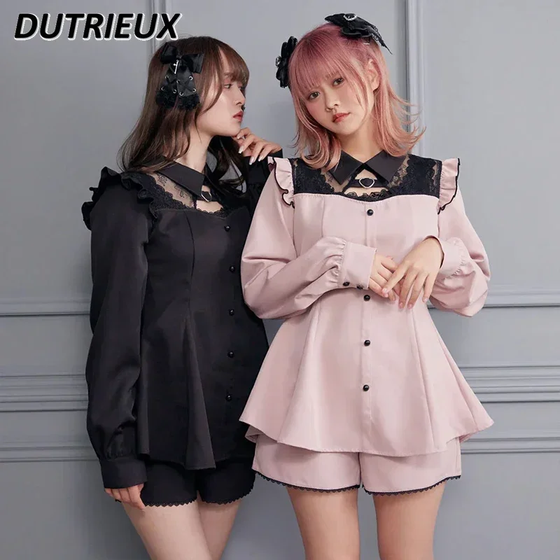 Blusa de manga larga con costuras de encaje de estilo japonés, Top de cintura delgada, camisa Lolita + Pantalones cortos, traje de la serie Mine, conjunto de dos piezas para niña dulce