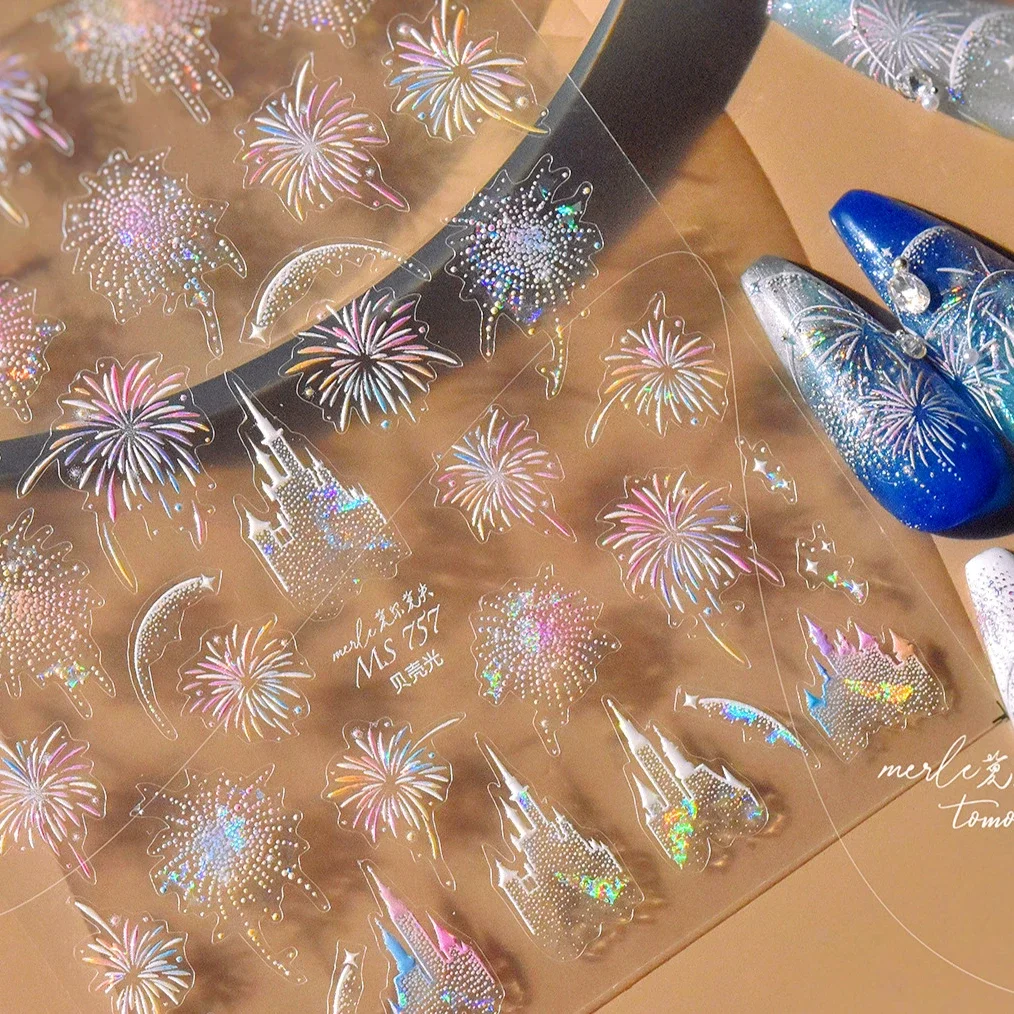 Polvo de purpurina colorido, fuegos artificiales, Castillo, rosa, azul, rojo, estrella degradada, Año Nuevo Chino, pegatinas brillantes para decoración de uñas, calcomanía para manicura