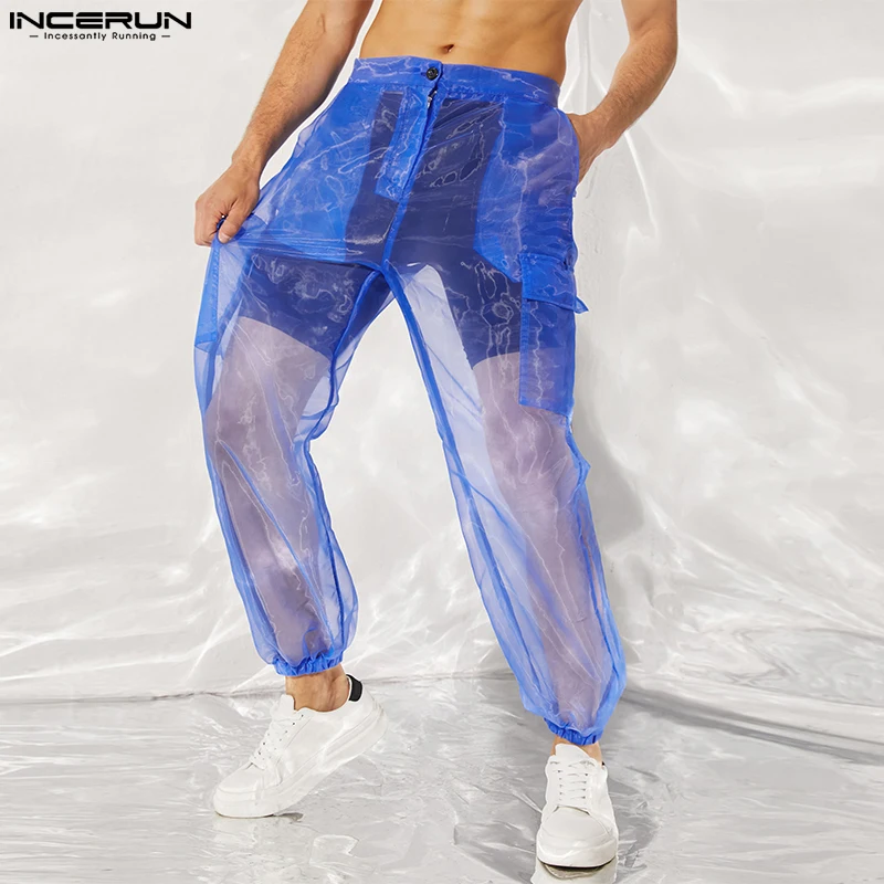 Incerun-respirável malha calças do sono para homens, cordão transparente, Homewear Sexy, cordão calças bolsos, calças elegantes Bottoms, S-5XL, 2024