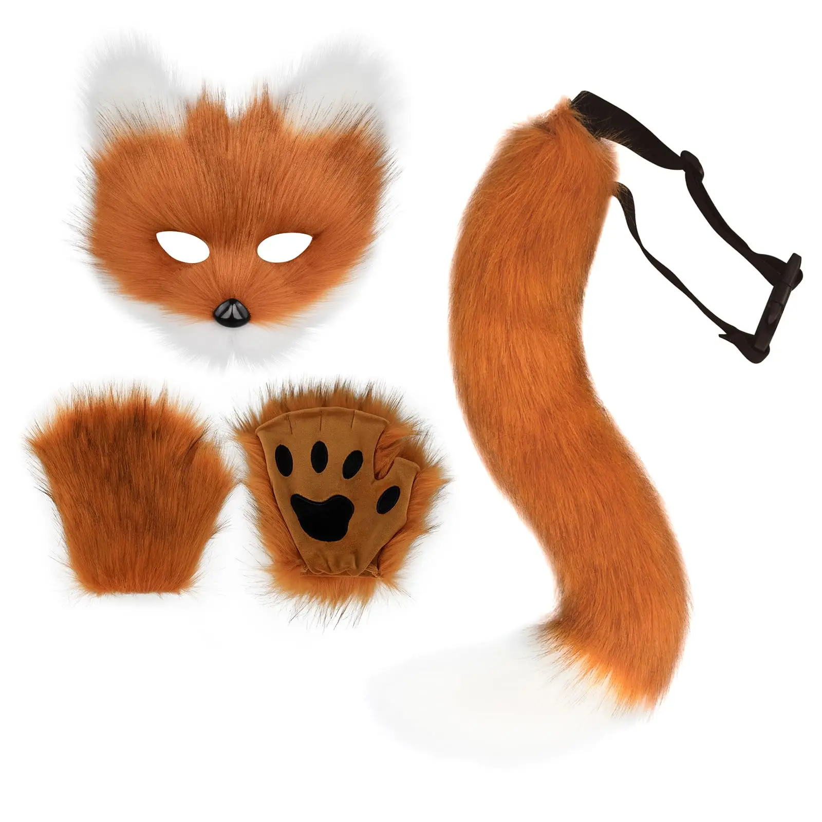 Girls Women Faux Fur Fox Tail Cat Wolf Cosplay Costume Set Plush Mask Fluffy Paw Gloves Halloween Christmas Party