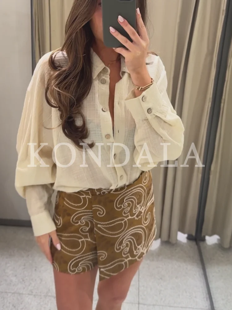 KONDALA Elegant Vintage Embroidered Culottes Women Holiday Casual Shorts Skirts New 2026 Spring Trendy Retro Lady Chic Culottes