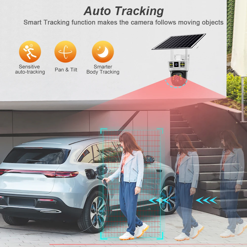 กล้องพลังงานแสงอาทิตย์12MP ความละเอียดสูง6K ซิมการ์ด4G WiFi กล้องวงจรปิดรักษาความปลอดภัยแบบไร้สายรักษาความปลอดภัย PTZ การมองเห็นได้ในเวลากลางคืน PIR ตรวจจับมนุษย์