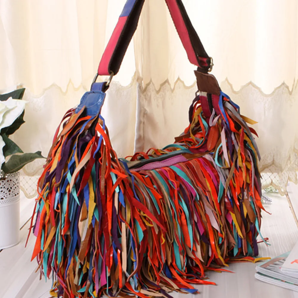 NEW 100% Genuine Leather Tassel Bags Fashion Women Shoulder Bag Fringe Multicolor Sheepskin Patchwork Handbags Casual Beach Bags