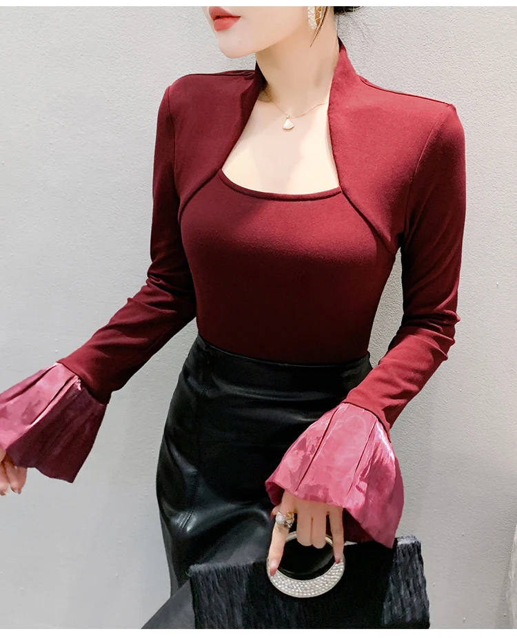 

flare sleeve t shirts women slim body red tops