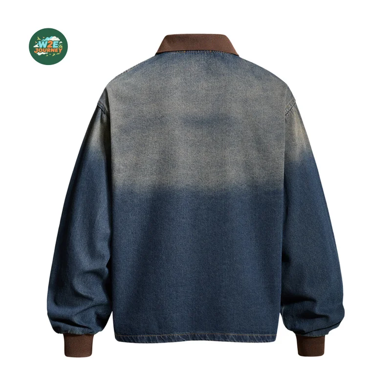 W2EJOURNEY EU US Size Luxury Quality Long Sleeve Polo Shirt Distressed Gradient Denim Turn-Down Collar Unisex Polo Shirt