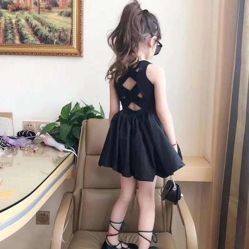 

2024 Summer Girls Elegant Goth Dresss Black Sleeveless Tutu Dress Backless Off Shoulder Party Kid Dresses 4 5 6 8 Years Old