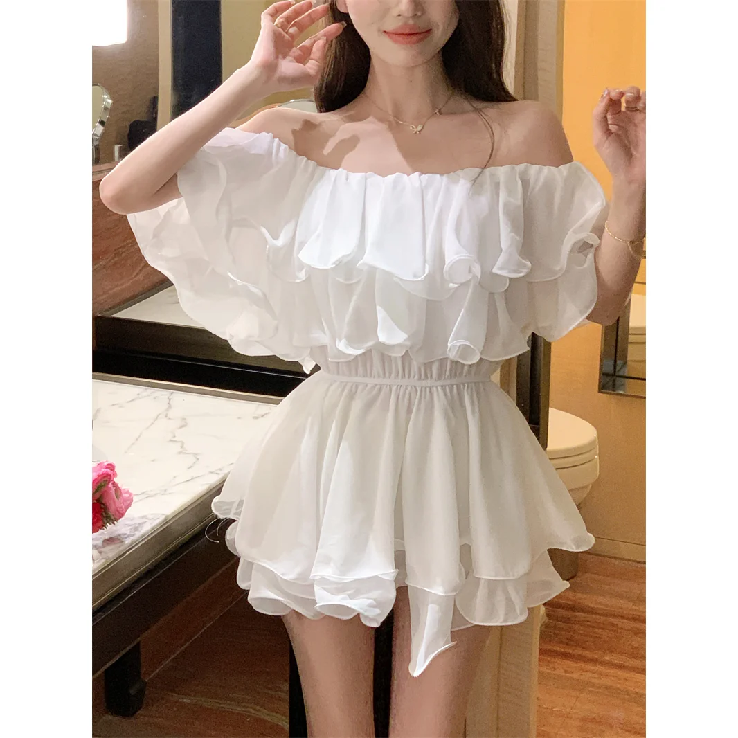 Korejepo Sweet Spice Girl Shoulder Short Sleeve Chiffon Dress Women Sexy Waist Premium Temperament Dresses Vestido 2024 Fashion