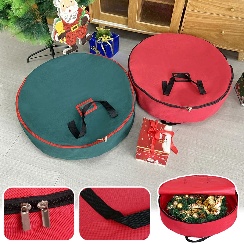 

Foldable Christmas Wreath Storage Bag with Handle Double Zipper Thickened Non-Woven Fabric Portable Ring Storage Solution