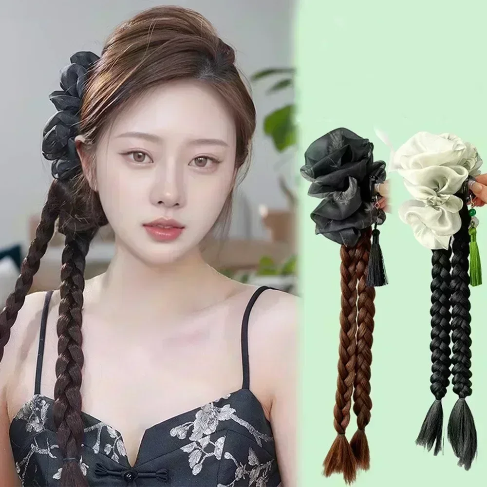 1 buah Wig sintetis gaya Cina jepit rambut pita gelembung benang jaring Wig putar ganda rambut kepang klip hiu hiasan kepala