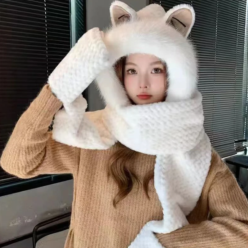 Cute Fox Ears Hat Scarf All-in-one Hat For Women Winter Plush Thickened Warm Ear Protection Scarf Two-piece Set