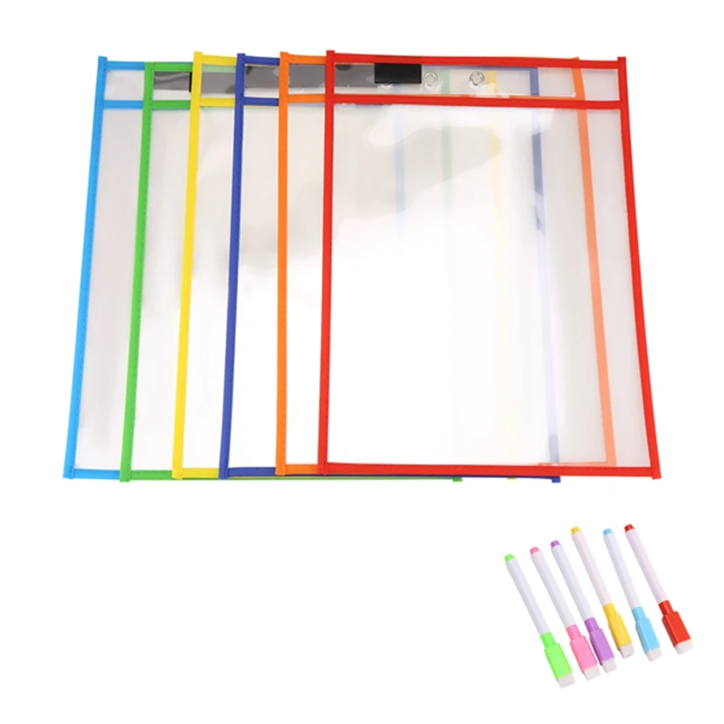 AU67-Reusable Dry Erase Pockets, 6 Pack Reusable Dry Erase Sleeves, Assorted Colors Sheet Protector, Dry Erase Pocket Sleeves