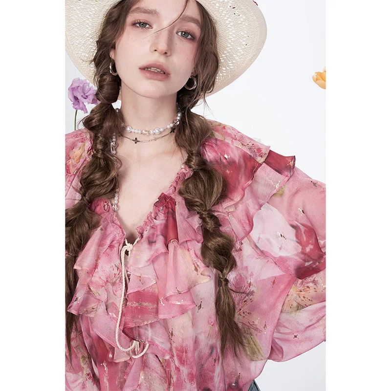 French ruffle print chiffon shirt for women in spring 2025, new design style and temperament top