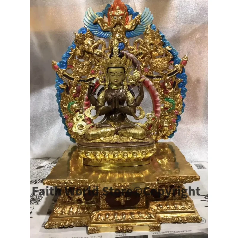 Large High grade gilding Buddha statue family patron saint god Four-armed Avalokitesvara Bidhisattva Guanyin Buddha gold Buddha