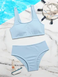 Meisjes Badpak Kids Bikini Meisjes 10 Jaar Geribbelde Sling Bikini 'S Set 2024 Nieuwe Solide Kinderen Badmode Strand Badpak Dames