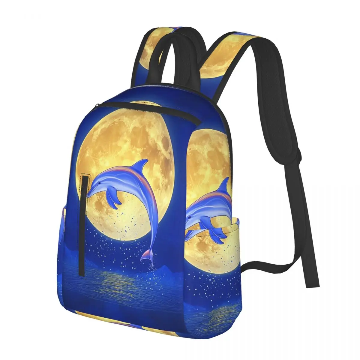 Dolphin Jumping Out Of Water And Moon Student Backpack School Bag Hiking Travel Daypack for Boys Girls Bookbag Shoulder Bags