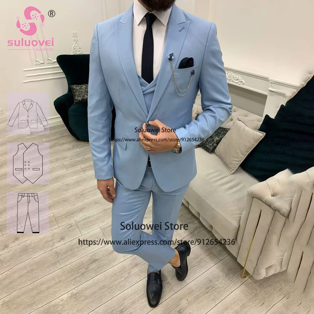 

Fashion Light Blue Suits For Men Slim Fit Elegant 3 Piece Jacket Vest Pants Set Formal Groom Wedding Peaked Lapel Tuxedos Blazer