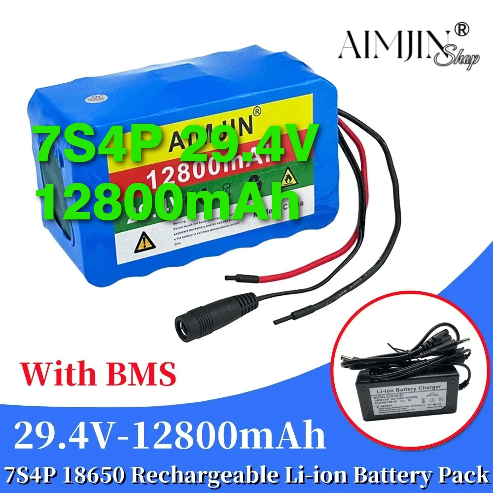 

7S4P 29.4V 12800mAh Li-ion 18650 Large Capacity Battery Pack Rechargeable Battery Built-in BMS with Charger