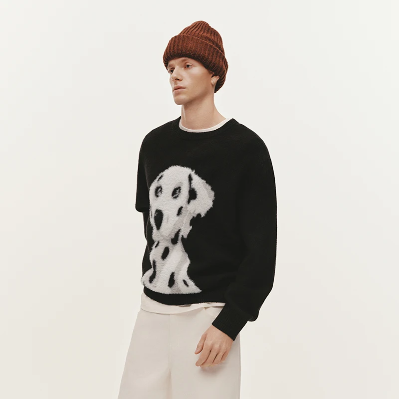 Men's Knitted Sweater with Faux Mink Puppy Jacquard - Winter Pullover