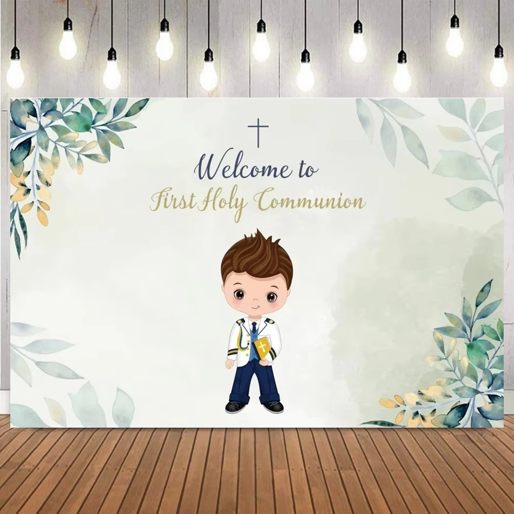 Floral Cross Boy Girl Themed My First Communion Baptism Backdrop God Bless Baby Shower Party Home Decor Photography Background
