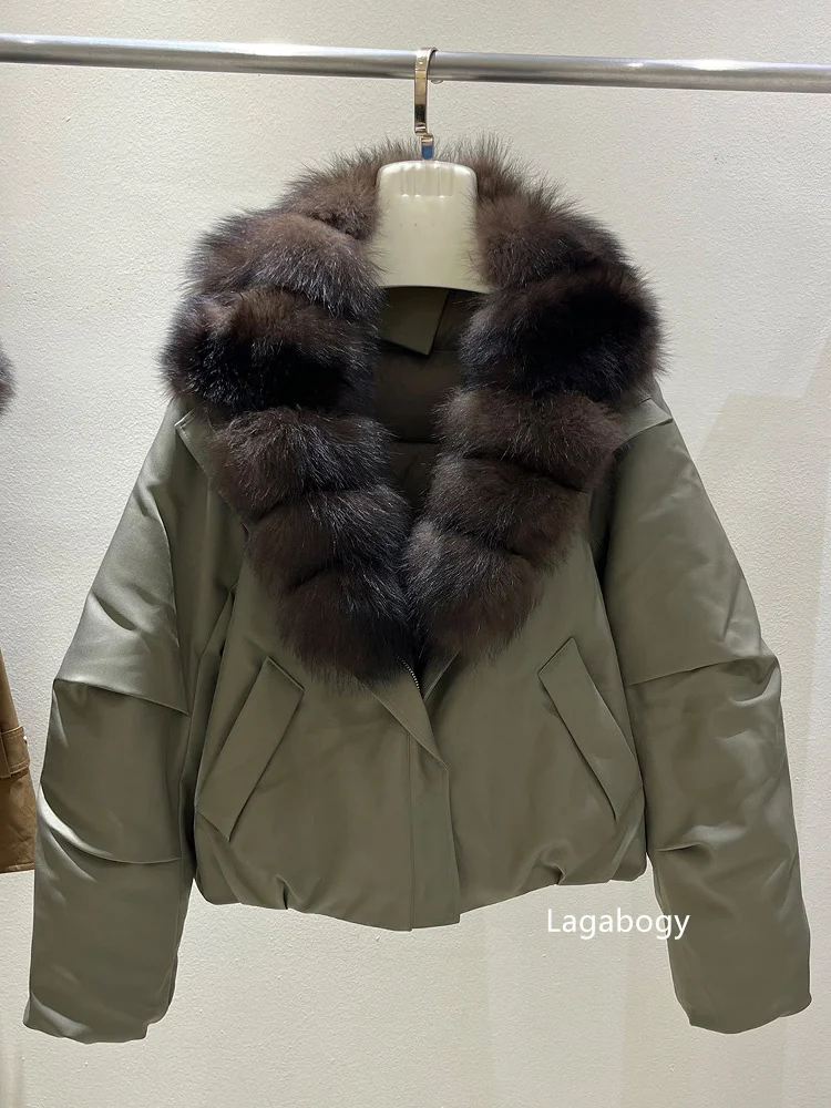 Lagabogy Women's Winter Down Jacket Real Fur Coat Huge Natural Fox Fur Duck Down Jacket Casual Female Feather Parka Puffer Coat