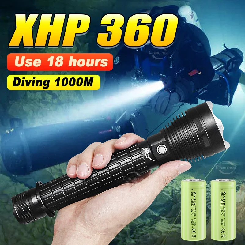 XHP360 Wick Professional Super Powerful Scuba Dive Lantern IPX8 Waterproof Flashlight Diver Light DeepSea Torch With Wrist Strap